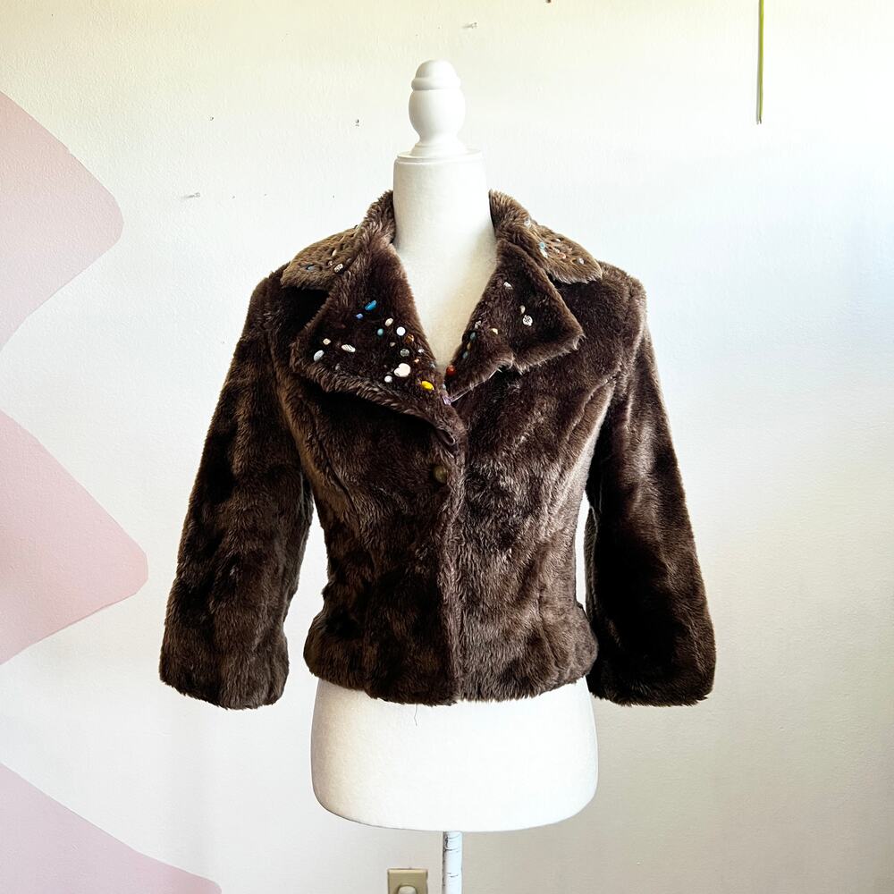 Brown Fur Jacket Beaded Girls‎ Size 6 Cottagecore Winter Cozy